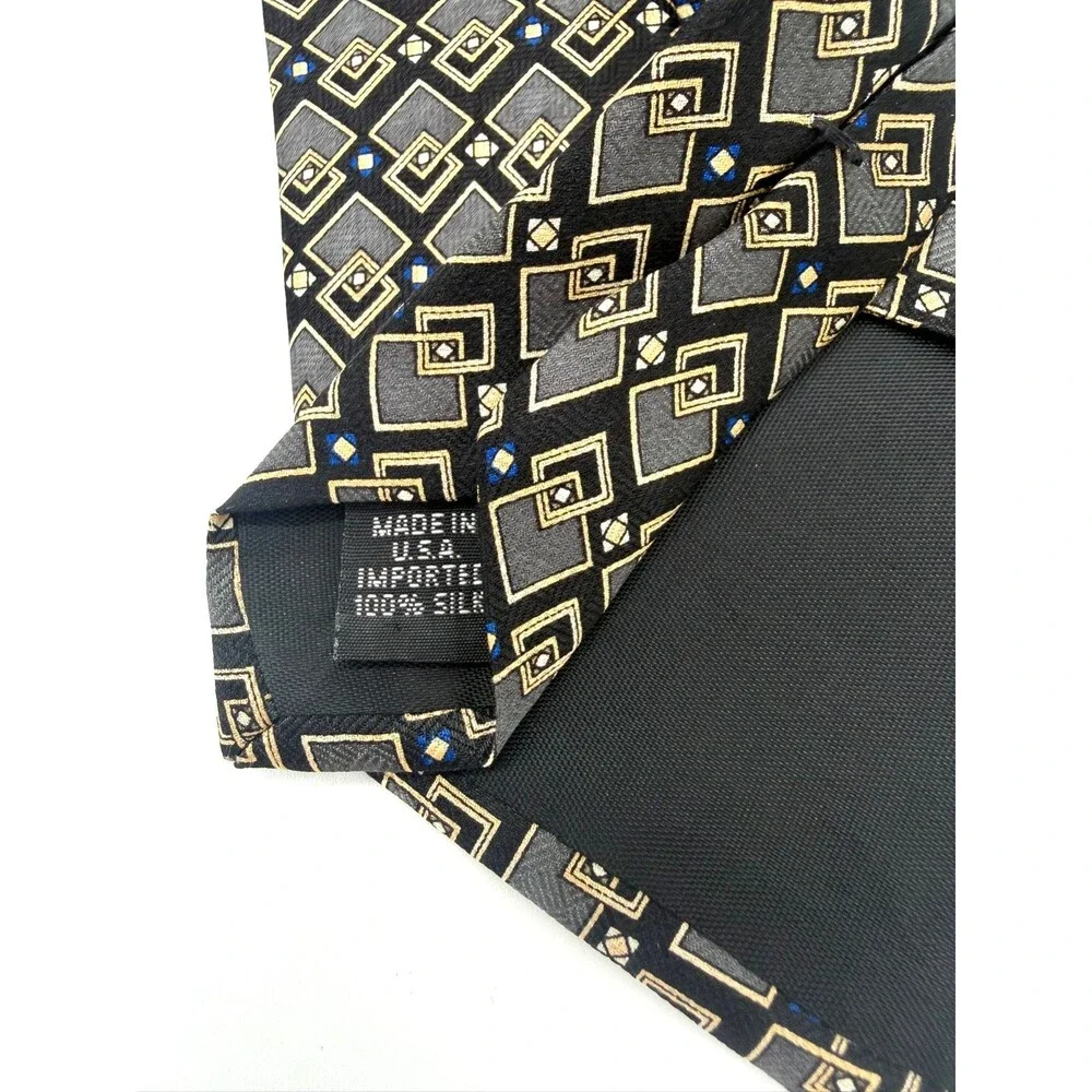 Geoffrey Beene Men's 100% Silk Tie Made in USA Black Grey Gold Geometric